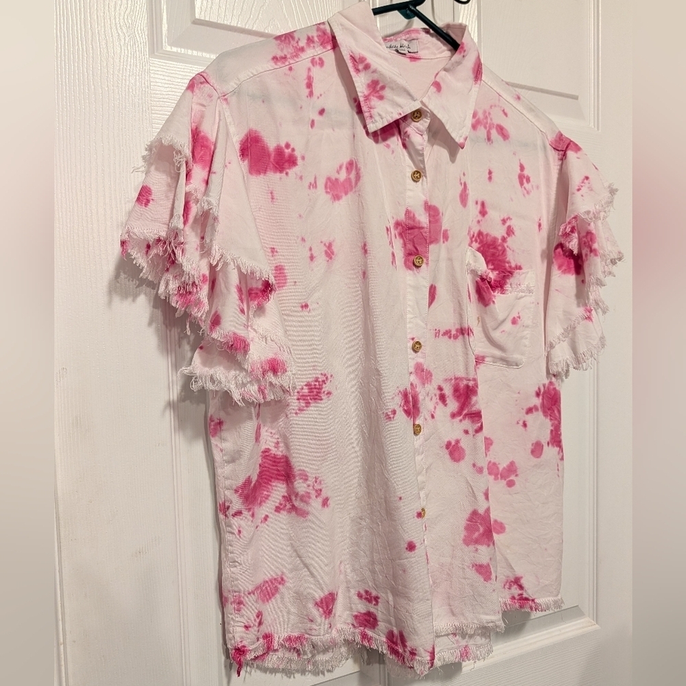 White Birch Tie Dye Button Down Shirt Pink White Medium - Picture 8 of 15